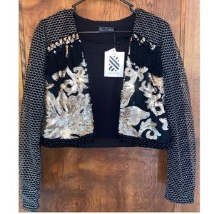 Black and gold sequin cropped blazer with tassels